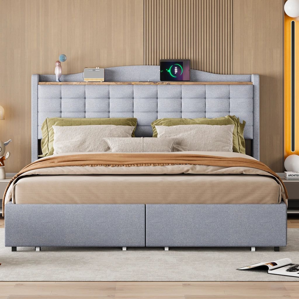 Letto con cassetti matrimoniale 160×200 cm con USB; ripiano e 4 cassetti; senza materasso; grigio