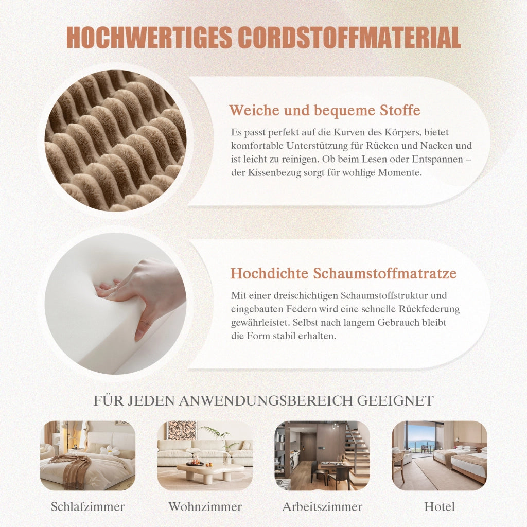 Divano modulare 3 posti con pouf; tasche laterali e cuscini in velluto a coste kaki