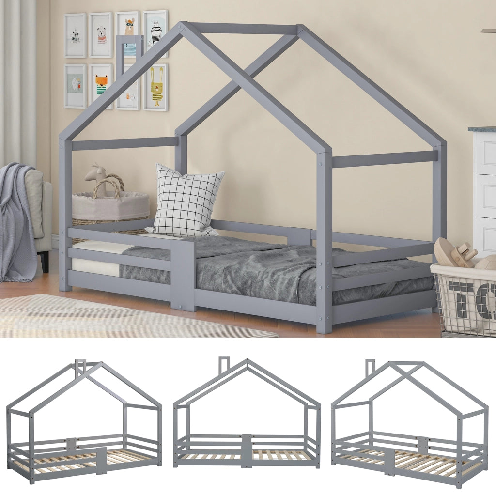 Letto a casetta per bambini con camino, protezione anticaduta, robusta base a doghe, legno di pino, letto a casetta per bambini, 90 x 200 cm senza mat