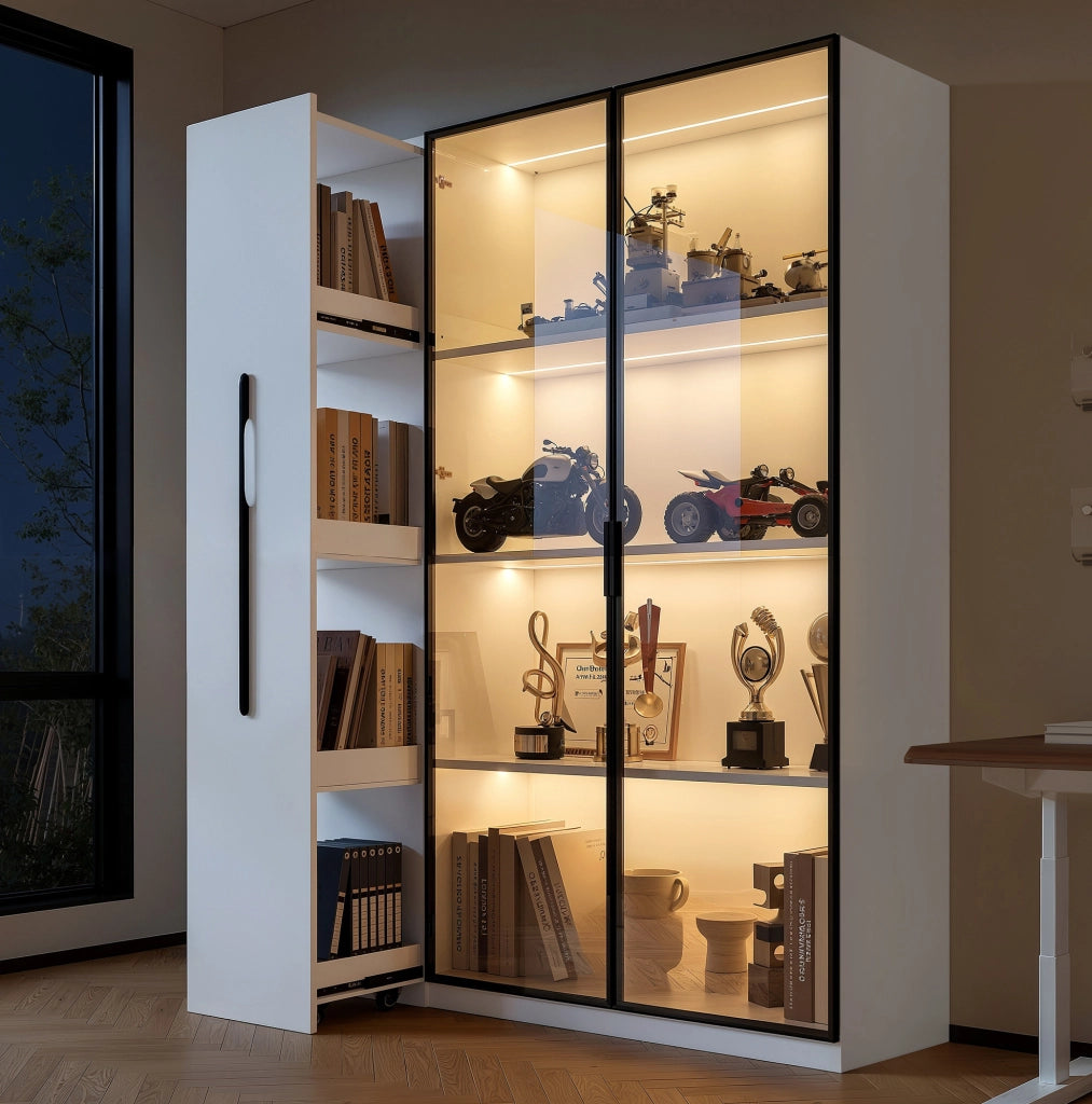 Vetrina 110.5x35x160 cm con LED integrato e vano laterale estraibile in MDF bianco