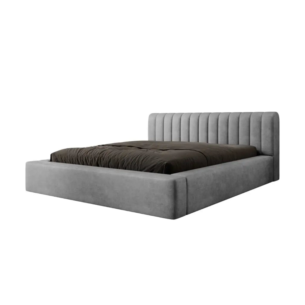 Letto contenitore CERVIN – Velluto morbido Nacre di cemento – 160x200 cm – Rete sollevabile – Design contemporaneo