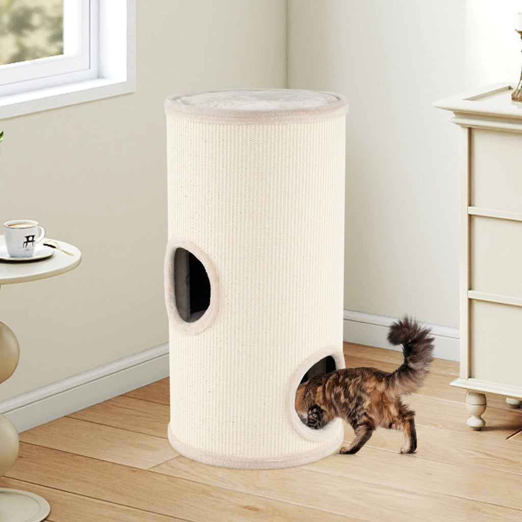Condo per gatti a piani multi-livello con tappetino per graffi in sisal, Condo letto morbido per pisolini Beige