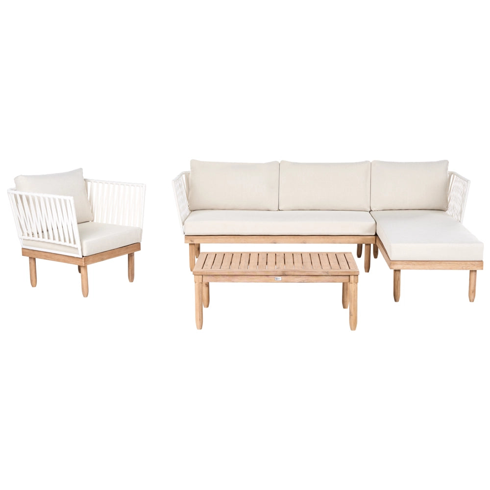 Set Lounge da Esterno in Legno di Acacia con Cuscini Bianchi, Poltrona in Rattan Sintetico e Tavolino 4 Posti Sinistro