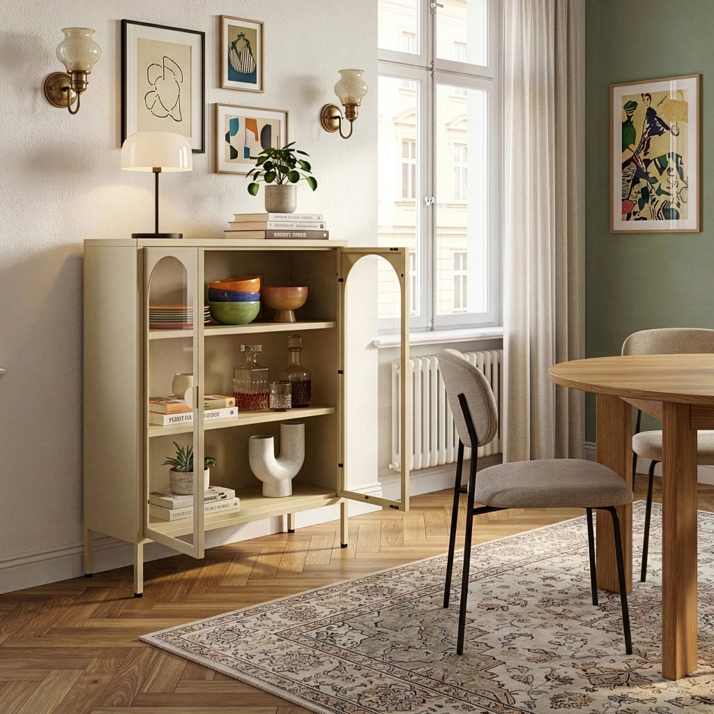 Vetrina Klippestad a 2 Ante in Vetro Credenza con 3 Scomparti 95 x 80 x 35 cm - Color Cammello [en.casa]