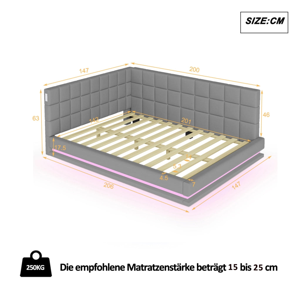 Divano letto imbottito 140x200 cm con LED e porta USB; grigio