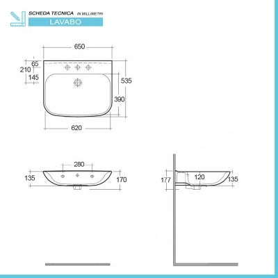 Lavabo bagno sospeso 65 cm in ceramica bianco lucido Rak Origin
