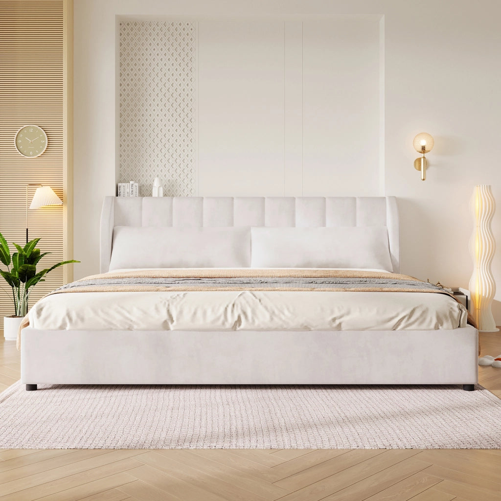 DESMIU Letto matrimoniale 180 × 200 cm 2 posti con testiera imbottita, 2 cuscini, senza materasso, beige