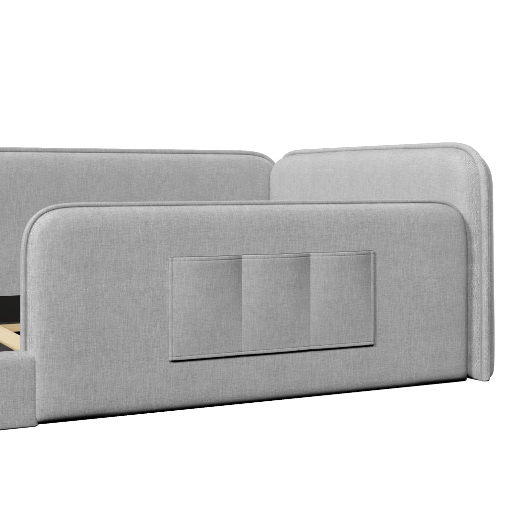 DESMIU Lit simple 90 × 200 cm con tasche portaoggetti, senza materasso, in lino, grigio