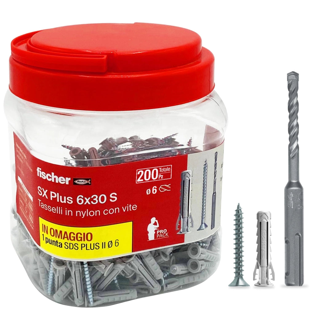 Tassello Sx Plus 6 x 30 S Box 200 Pezzi + Omaggio Punta SDS Plus Fischer