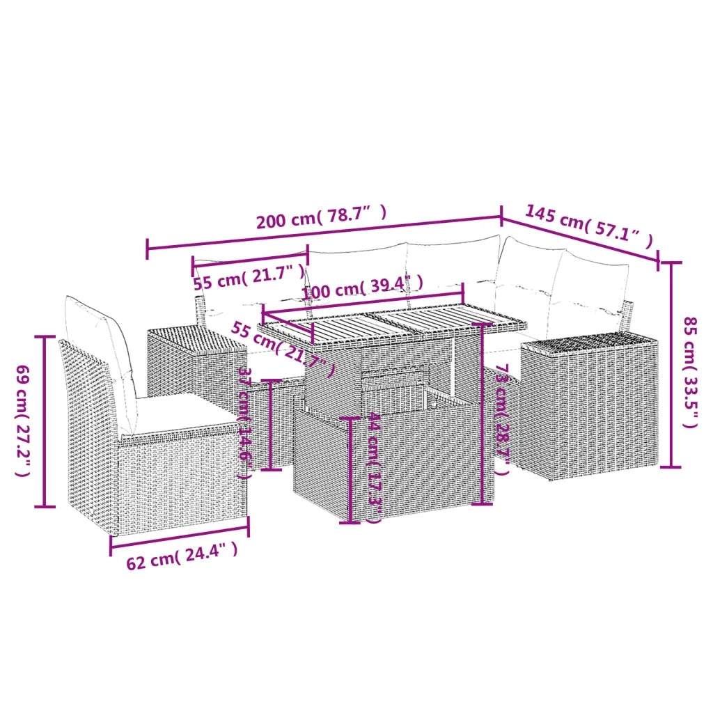 Set Divano da Giardino 6 pz con Cuscini Nero in Polyrattan 3272637