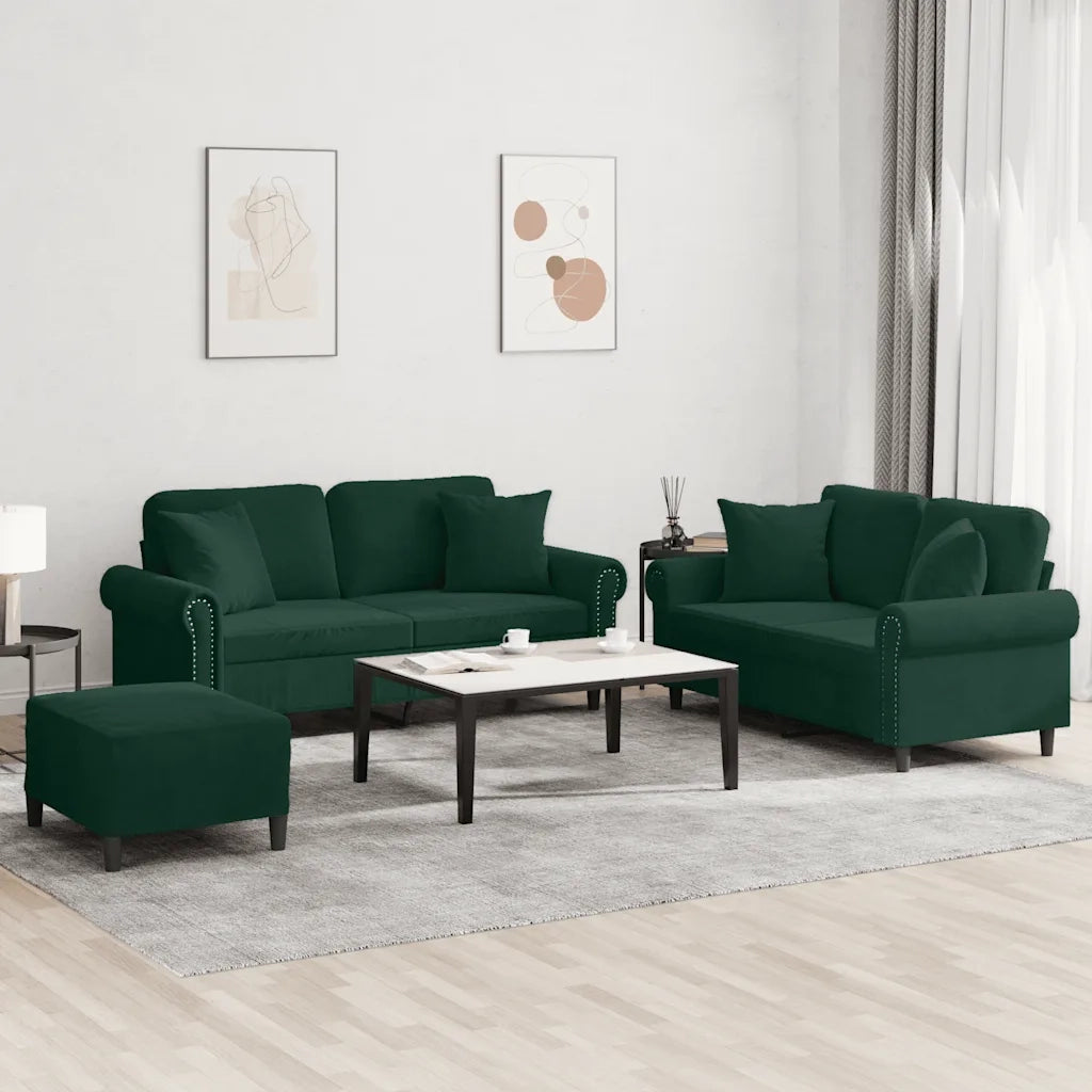 Set di Divani 3 pz con Cuscini Verde Scuro in Velluto