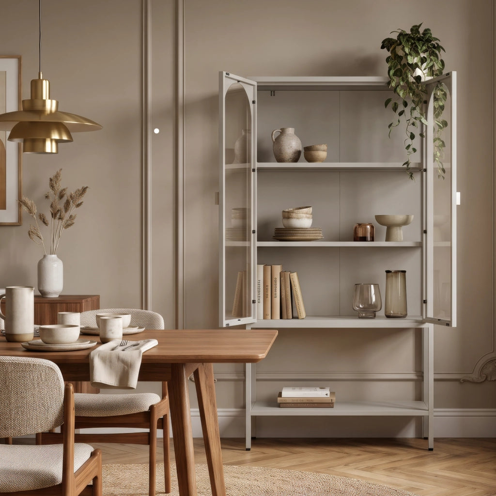 Vetrina Klippestad Credenza Alta a 2 Ante in Vetro e Ripiano Aperto 160 x 80 x 35 cm - Color Cammello [en.casa]