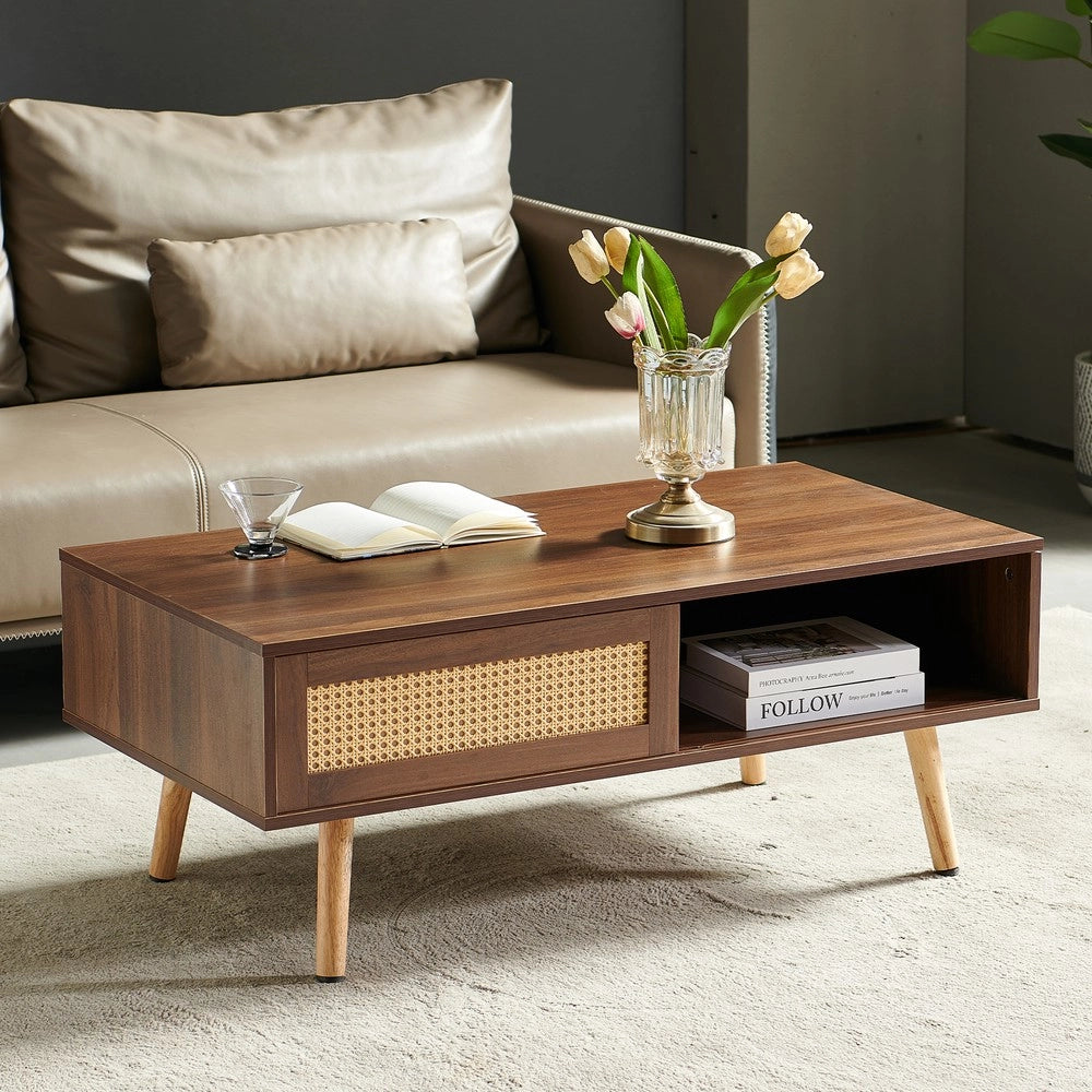Tavolino da Caff¨¨ con Ante Scorrevoli ¨C MINIMAL ¨C Noce Scuro, Gambe in Legno Massello, 105x55x40 cm