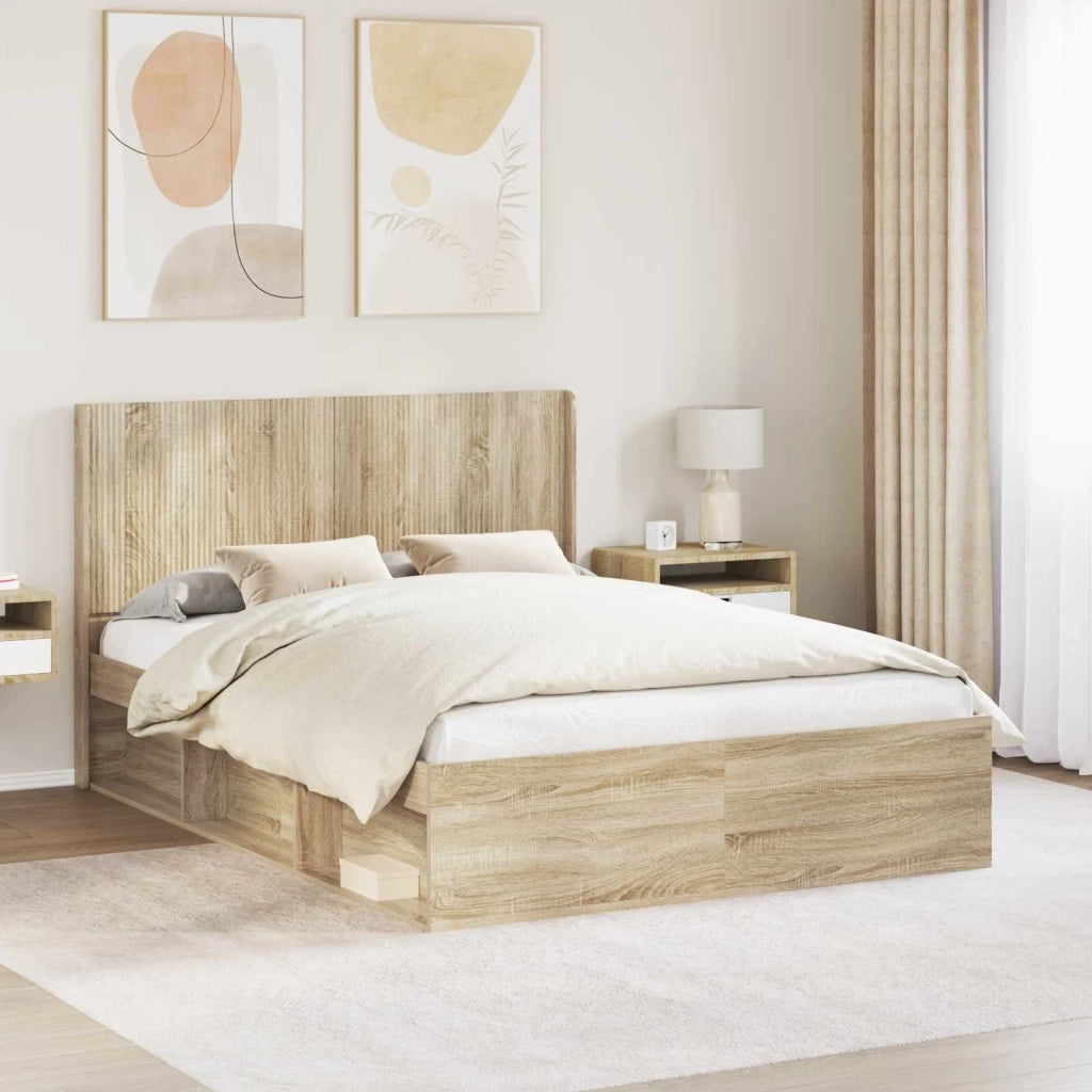 Letto matrimoniale | Letto per adulti | Struttura del letto con stoccaggio e testata Rovere Sonoma