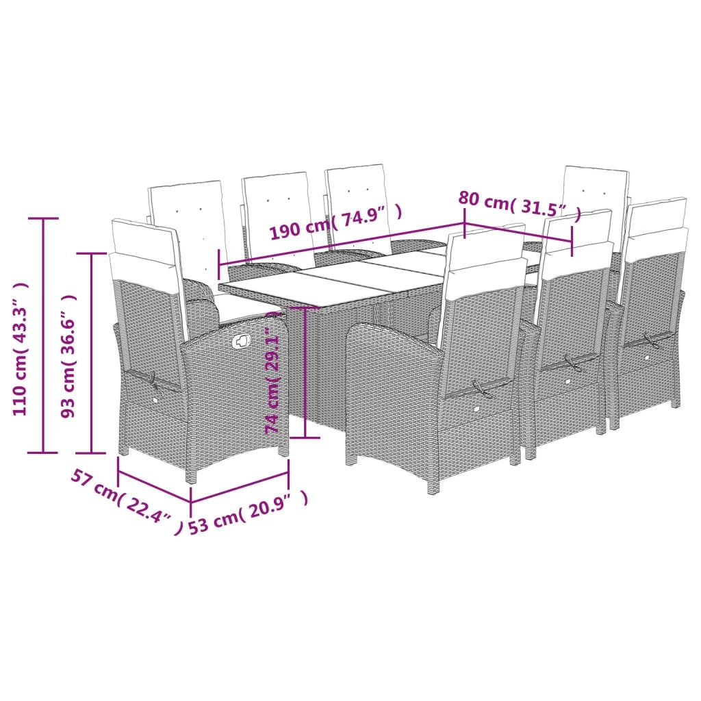 Set Pranzo da Giardino 9pz con Cuscini Grigio Chiaro Polyrattan 3212267