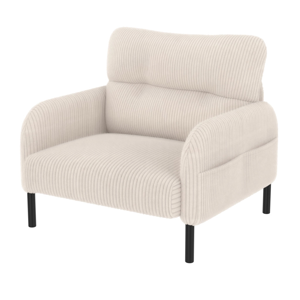 Poltrona Singola con Seduta Profonda con Tasche Laterali Comfort Ergonomico Struttura Metallo in Velluto a Coste Beige