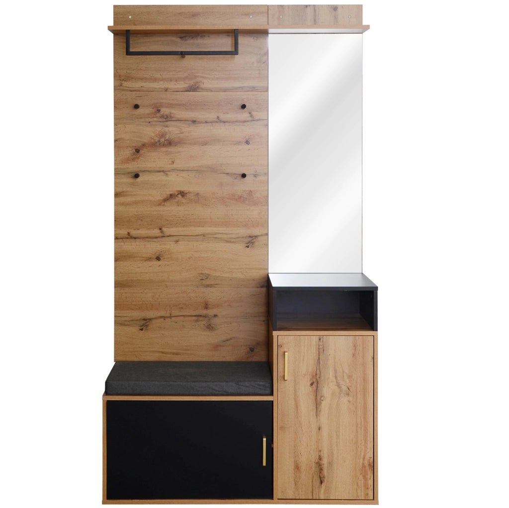 Set da ingresso 105x40x191.5 cm con specchio e panca portascarpe in MDF e truciolato nero e naturale