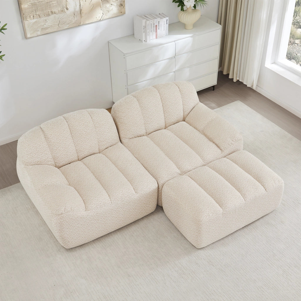 Divano Angolare Modulare 2 Posti con Poggiapiedi ¨C MINIMAL ¨C Tessuto Beige, Senza Montaggio