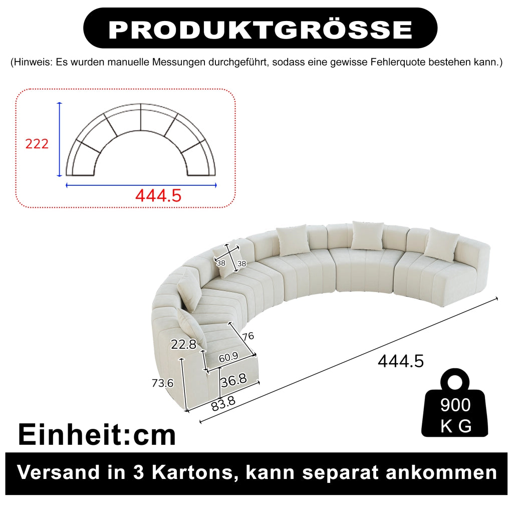 Sofà modulare curvo in chenille beige, composizione semicircolare da 6 moduli con 2 cuscini