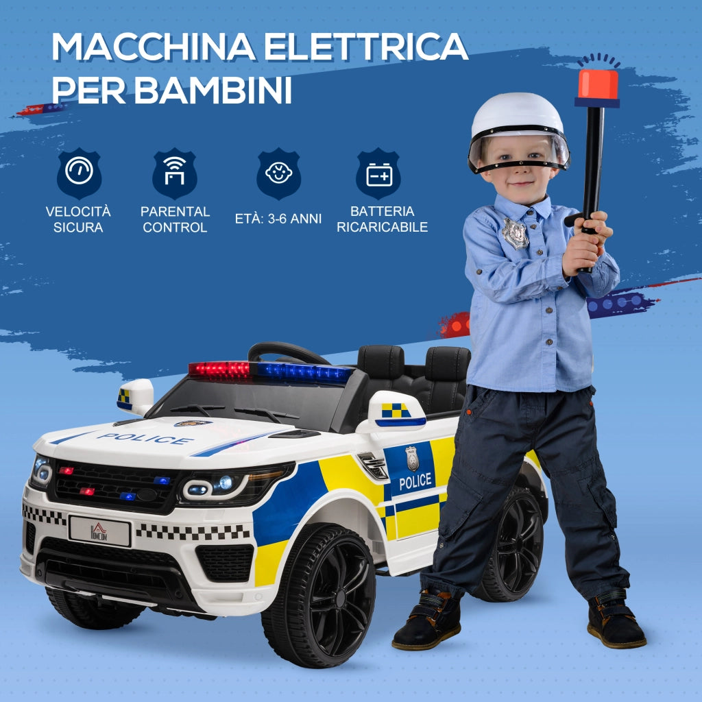 EasyComfort Macchina Elettrica per Bambini della Polizia, 12V Auto Elettrica per Bambini con Telecomando, Sirena Luci Attacco USB per Musica, 110x68x52cm, Bianco