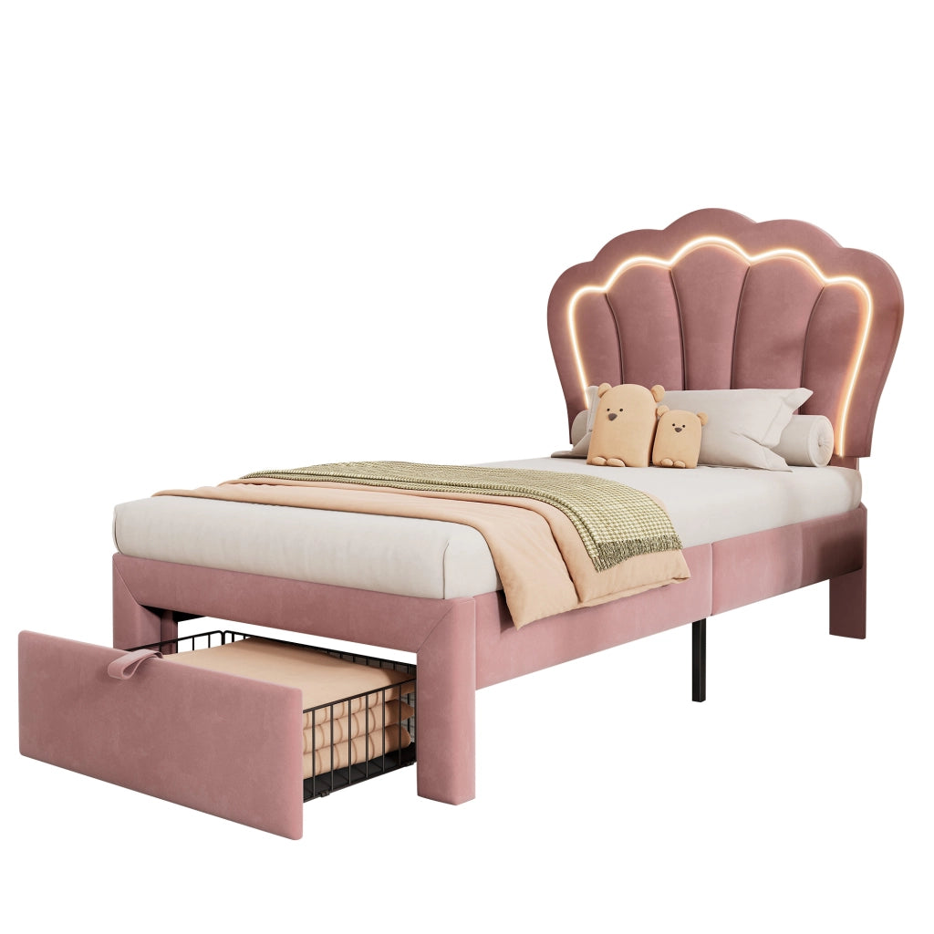 Letto Singolo Imbottito con LED e Cassetti ¨C MINIMAL ¨C Velluto Rosa 90x190