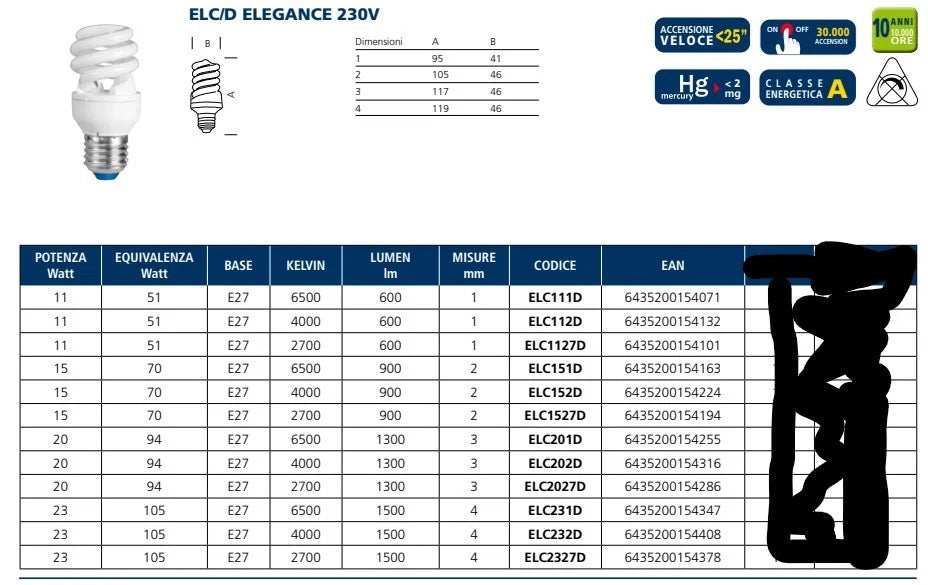 Lampada ai l.fredda fluor. eleg. elc111d e27 11w compatte