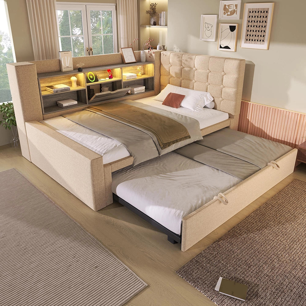 Letto imbottito con letto a scomparsa - Xylo - 90x200 cm - Beige - LED, testiera a L con spazio di archiviazione