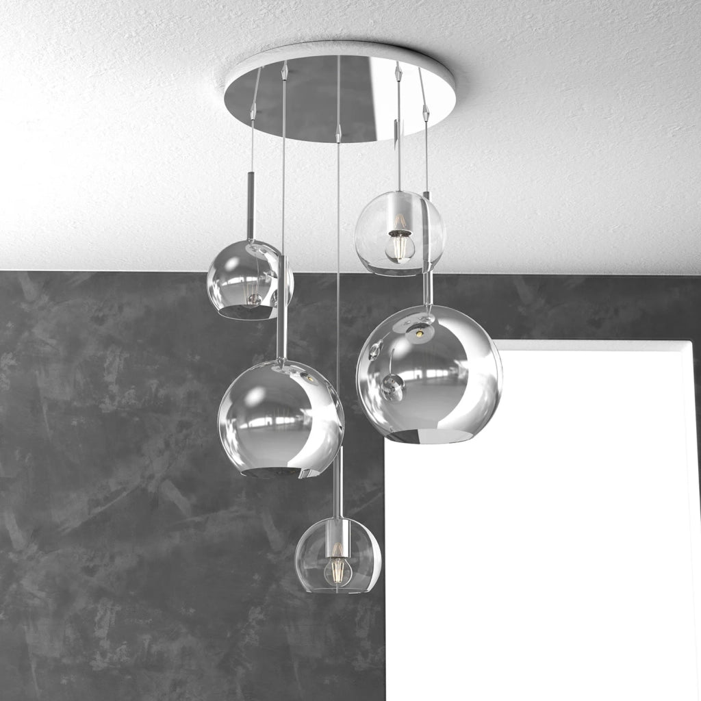 Lampadario Contemporaneo Future Metallo Cromo Vetro Mix Trasp-Cromo 5 Luci E27