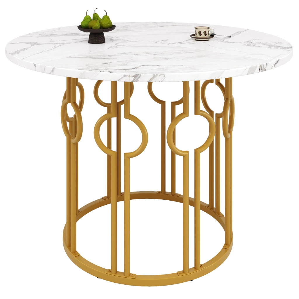 Tavolo da pranzo rotondo 100x100x76 cm in MDF e metallo, colore oro e bianco