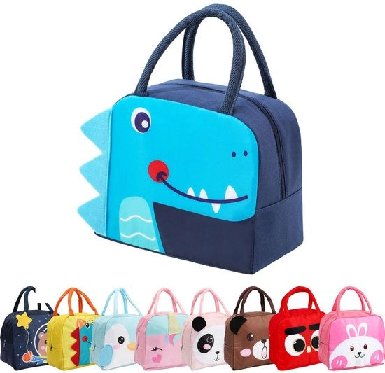 Lunchtas per bambini, riutilizzabile, isolato a tema cartoon, piccolo, pieghevole, impermeabile, per viaggio, picnic e scuola (blu marino, coccodrillo)