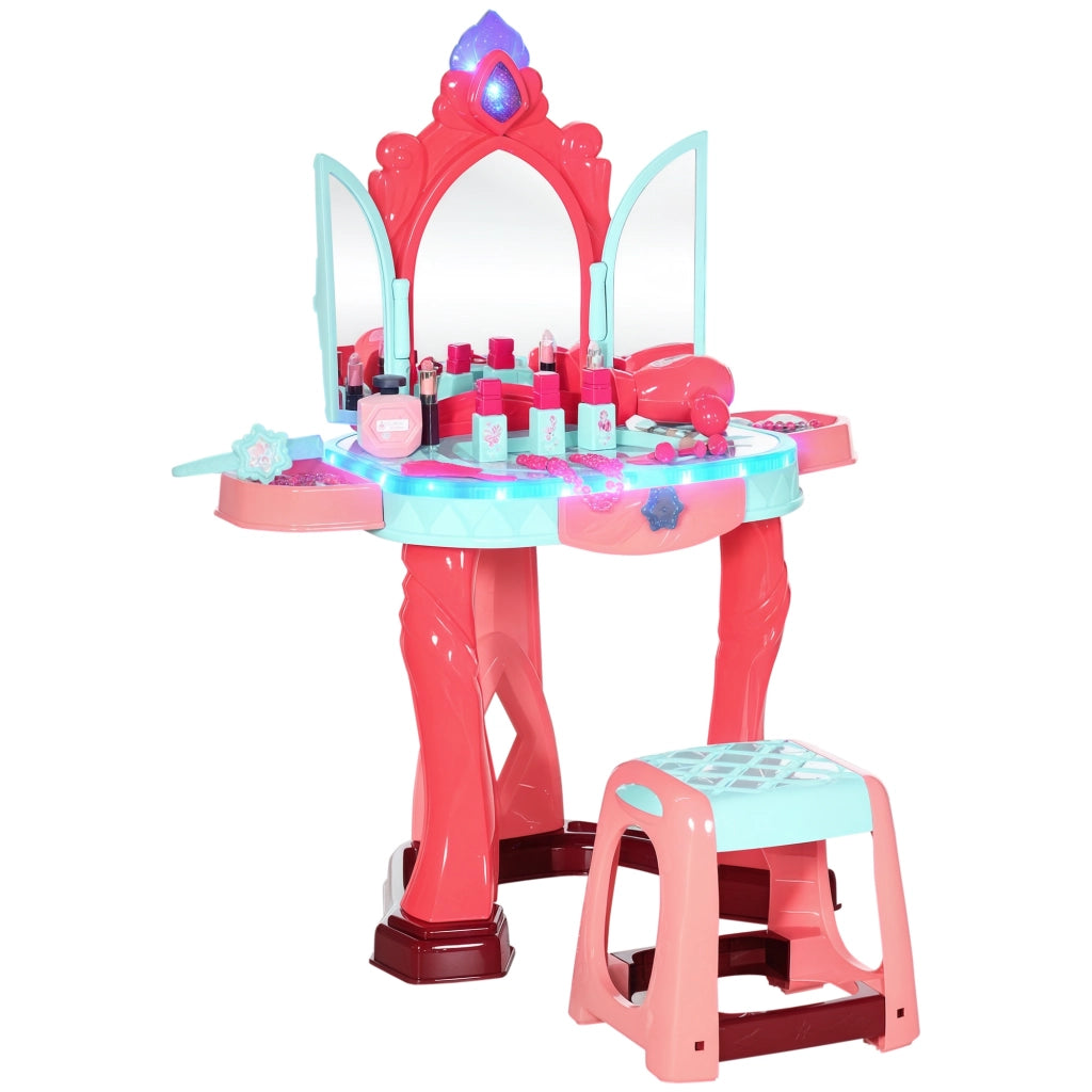 Toeletta Bambini con Sgabello Specchio LED ¨C Xylo ¨C Rosa Multicolore 57x34x76
