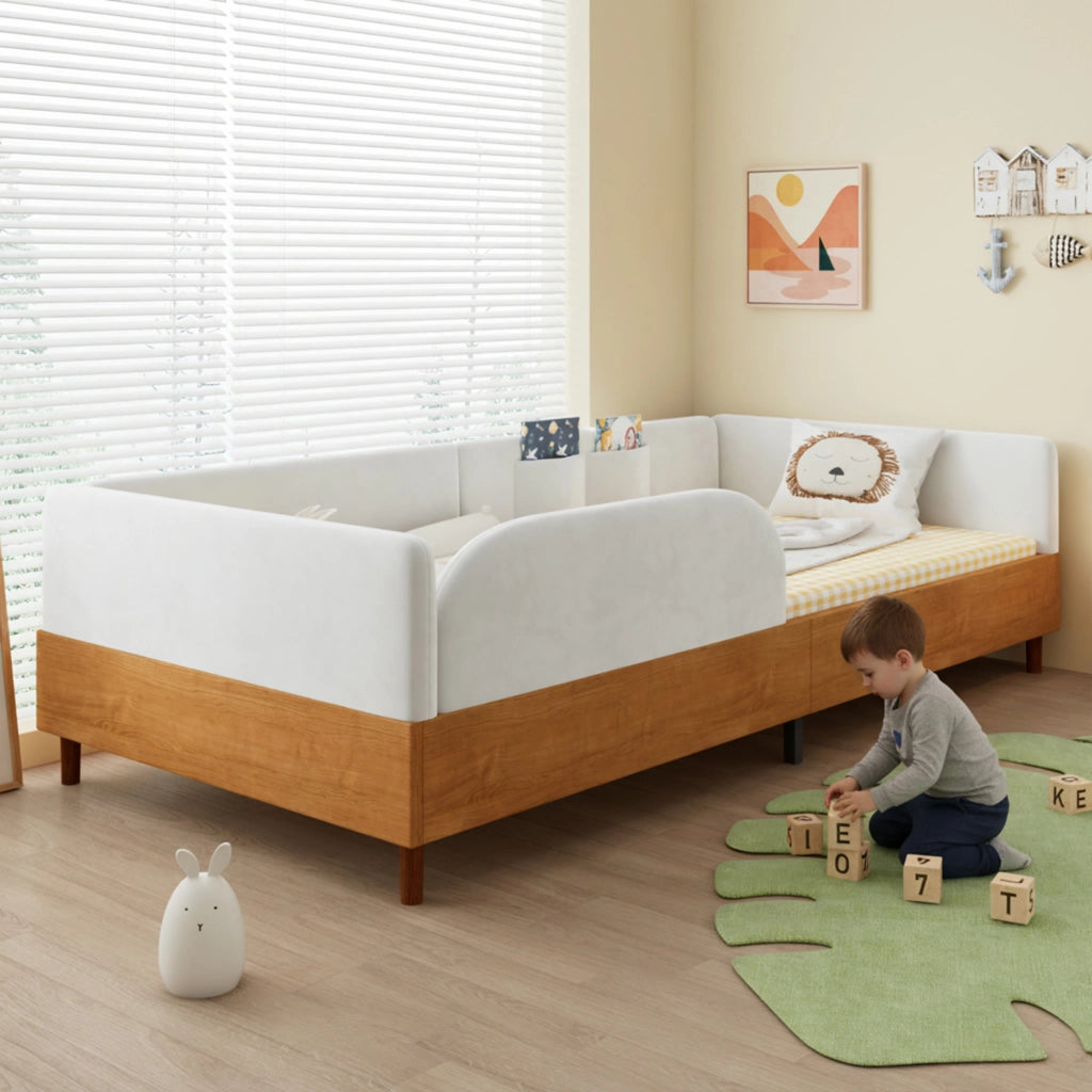 LETTO imbottito 90x200 cm in velluto bianco e legno