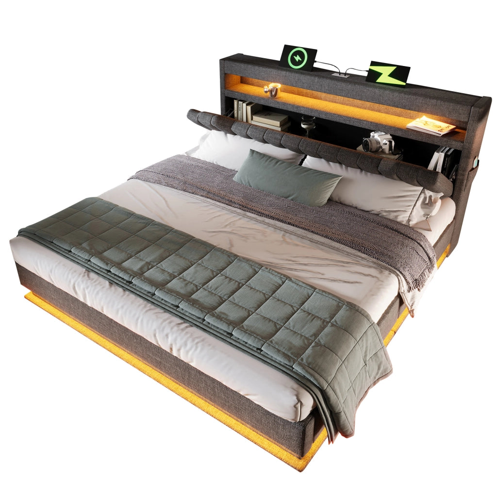 Letto imbottito matrimoniale con LED, testiera contenitore e ricarica USB-Type C