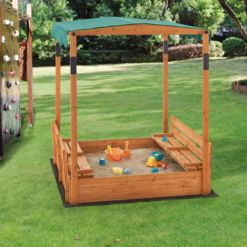 Sabbiera Pitsunda in Legno con Panchine e Tenda Parasole - Sabbiera Richiudibile [en.casa]