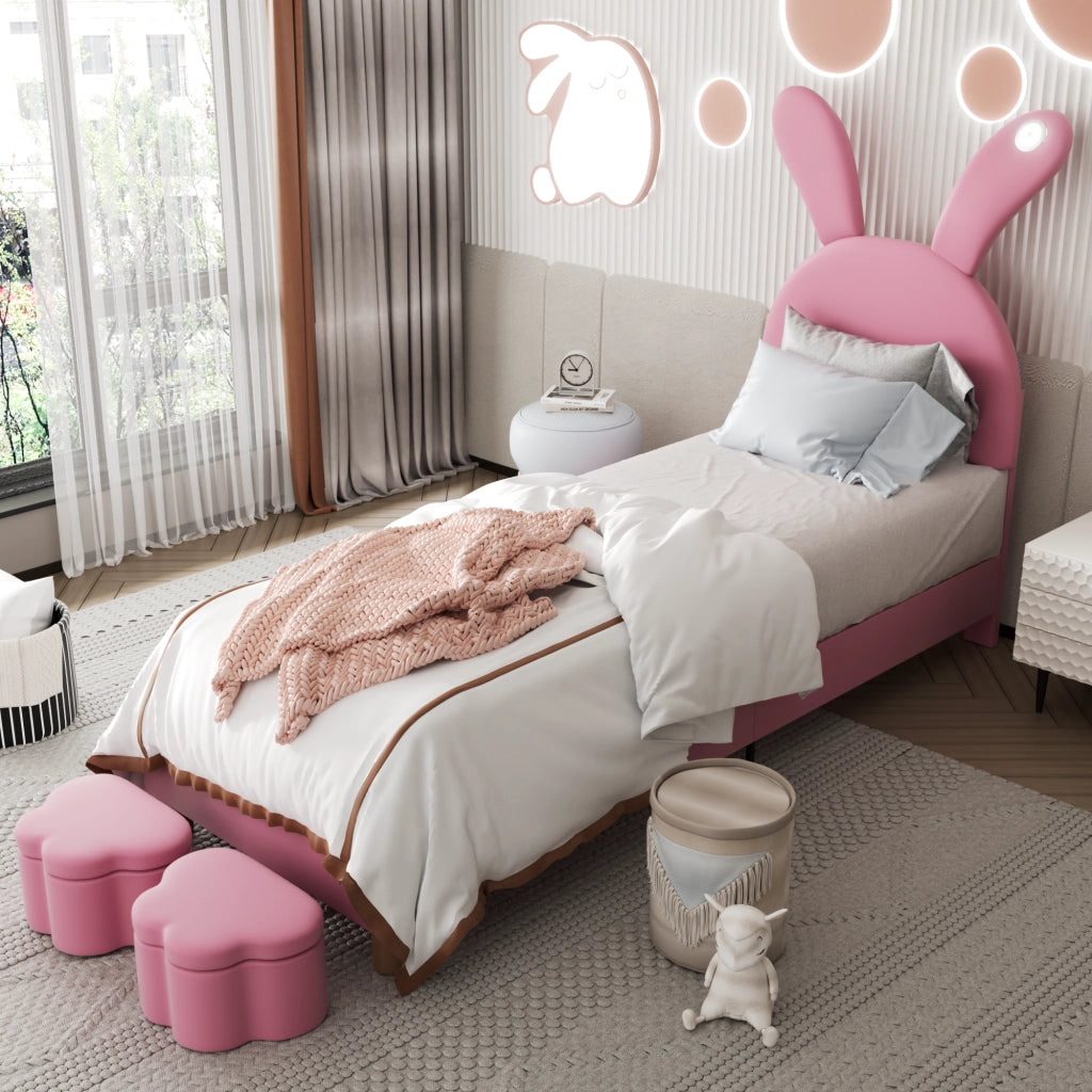 OKWISH Letto Bambini 90×200 cm, Letto Singolo con 2 Panche Contenitore, LED e Orecchie da Coniglio Pieghevoli, senza Materasso, Velluto Rosa