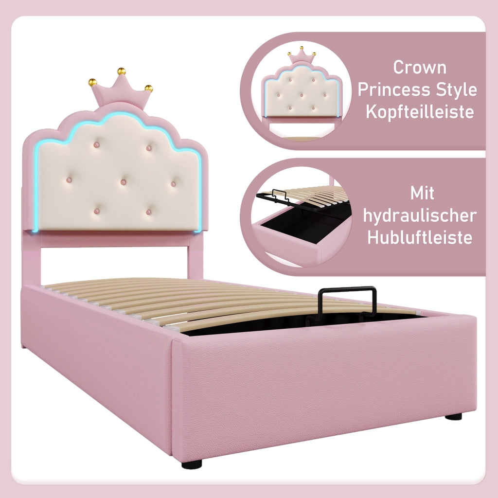 Letto per bambini imbottito 90×200 cm con rete; contenitore idraulico e LED; senza materasso; PU; rosa