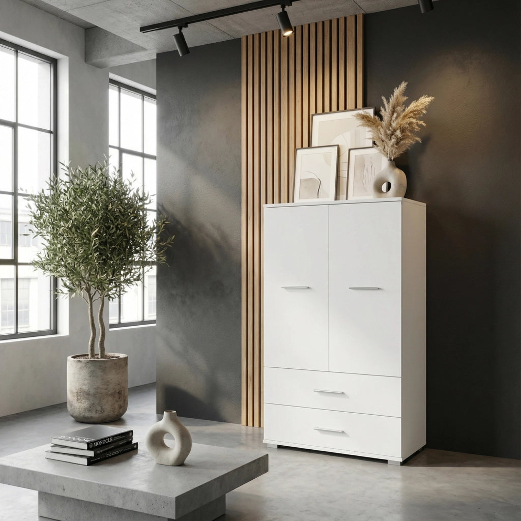 Armadio FAUSKE - 2 Cassetti - Bianco - Larghezza 69 cm, Altezza 130 cm, Profondit? 36 cm