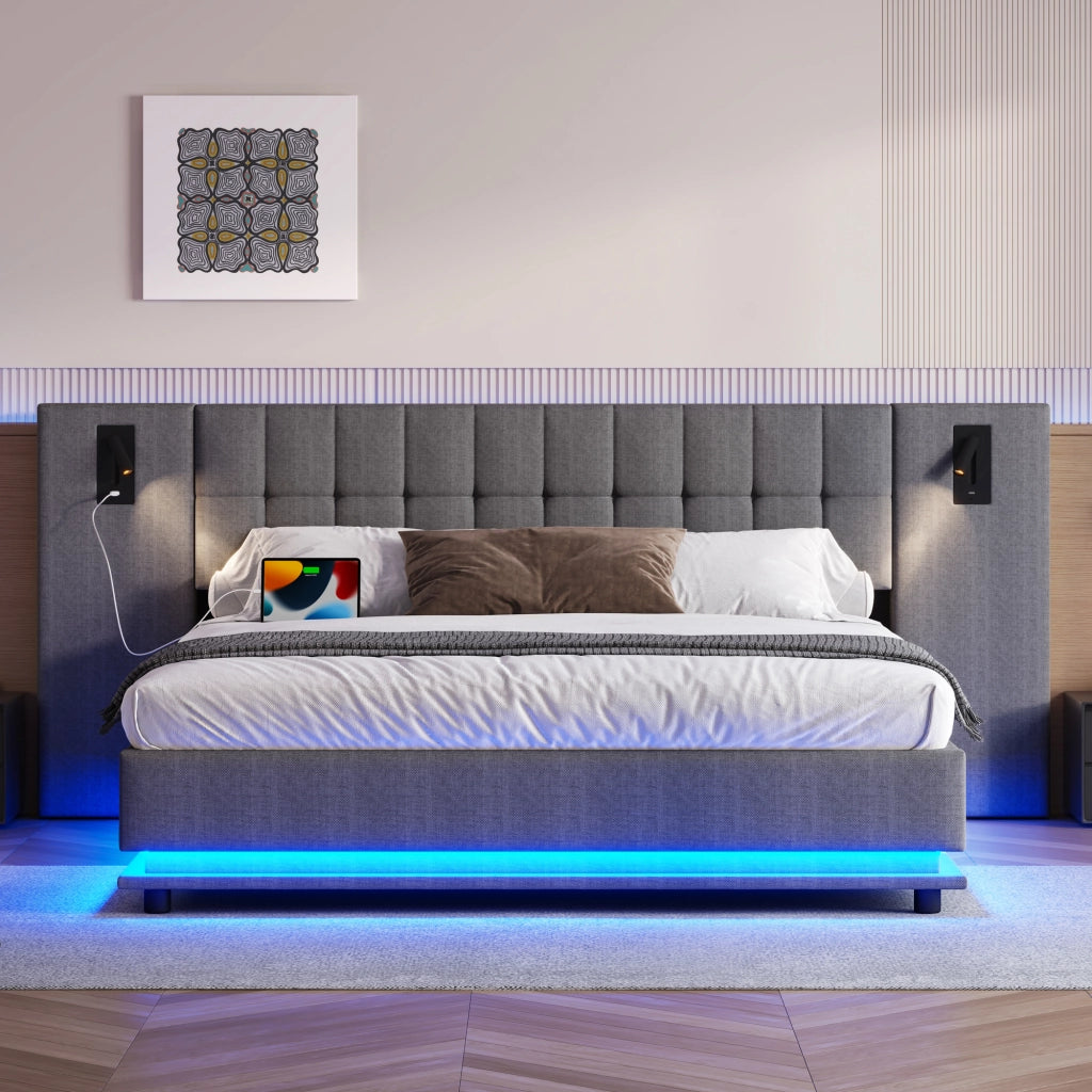 Letto imbottito 180x200 cm in lino grigio con LED, USB e luce spot, senza materasso