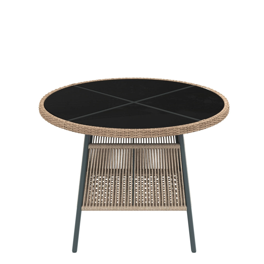 Set da pranzo per esterni da 5 pezzi con tavolo rotondo e 4 sedie in ferro e vetro temperato grigio