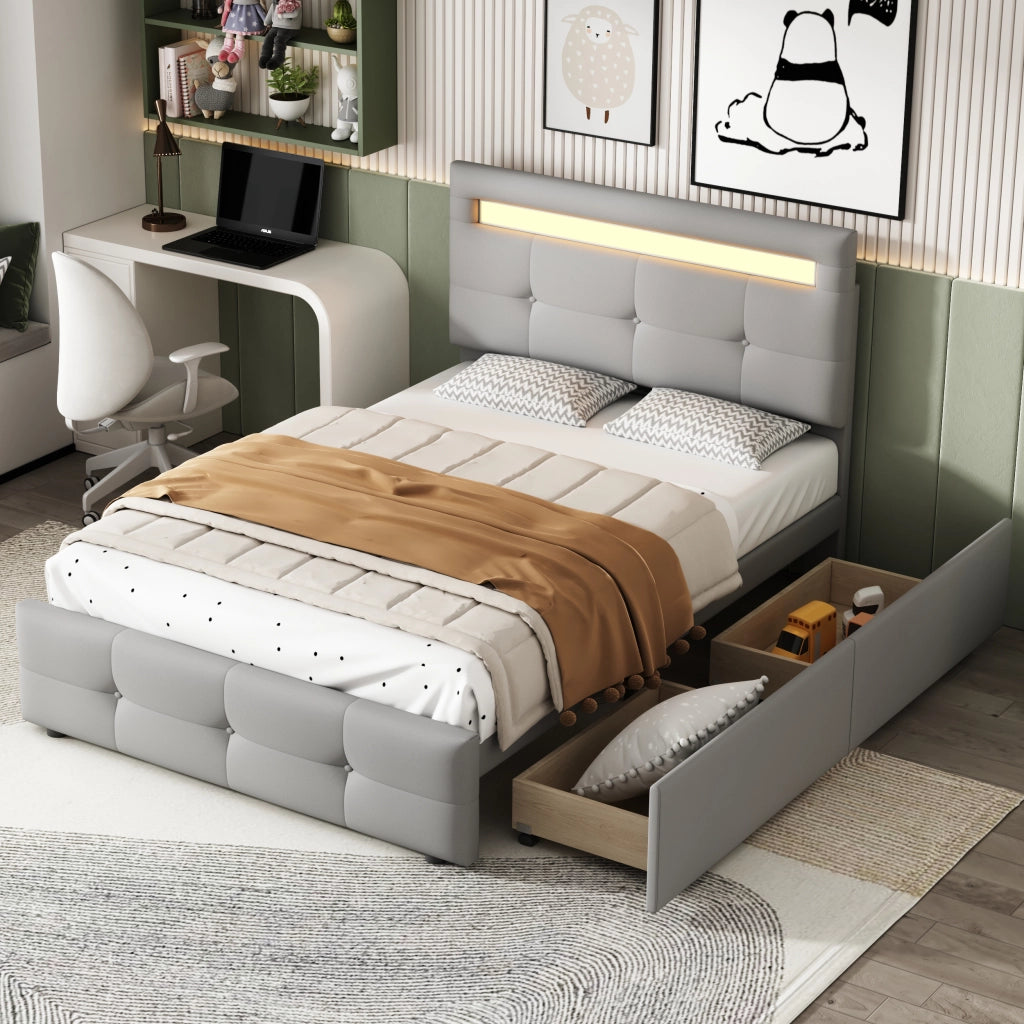 LETTO 90x200 cm con LED e 2 cassetti in tessuto grigio