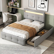 LETTO 90x200 cm con LED e 2 cassetti in tessuto grigio
