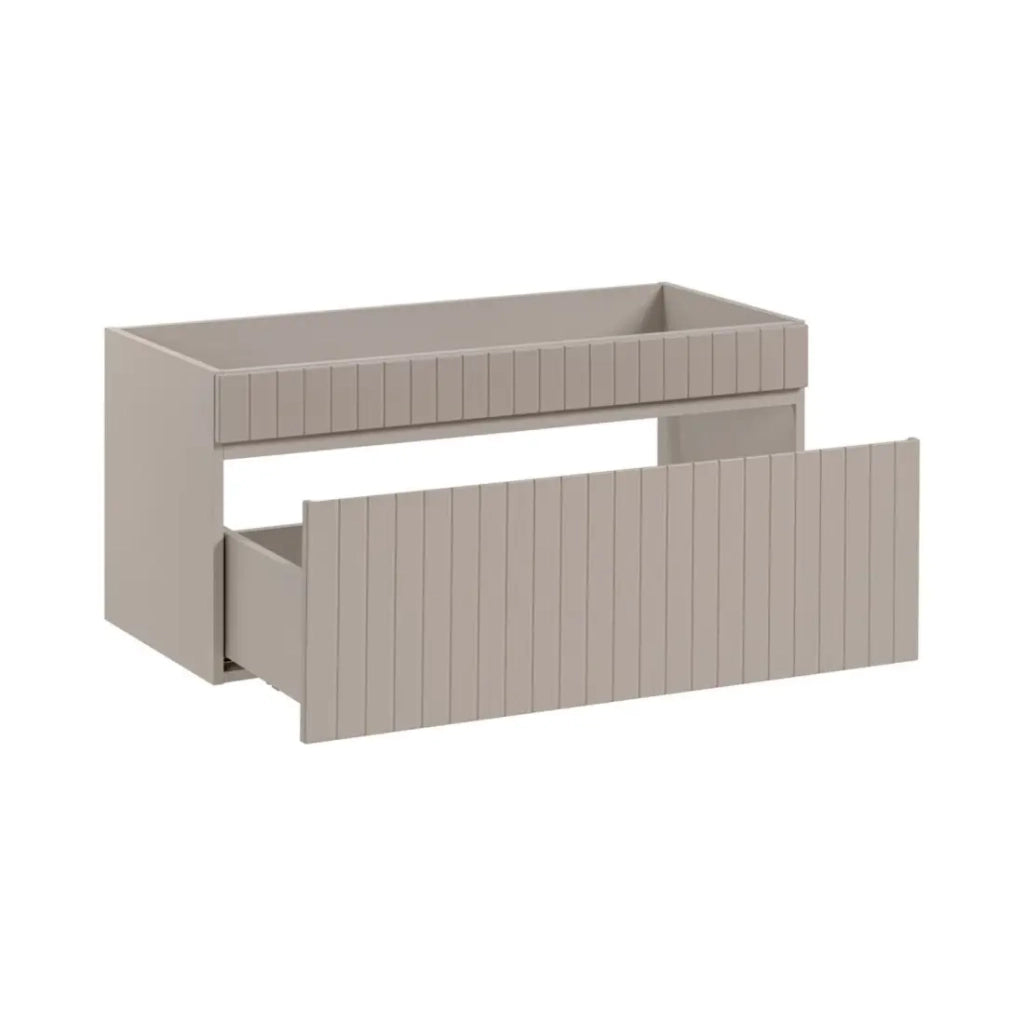 Insieme ICON: mobile sottolavabo 100cm cachemire + piano per lavabo effetto legno + lavabo rotondo da appoggio