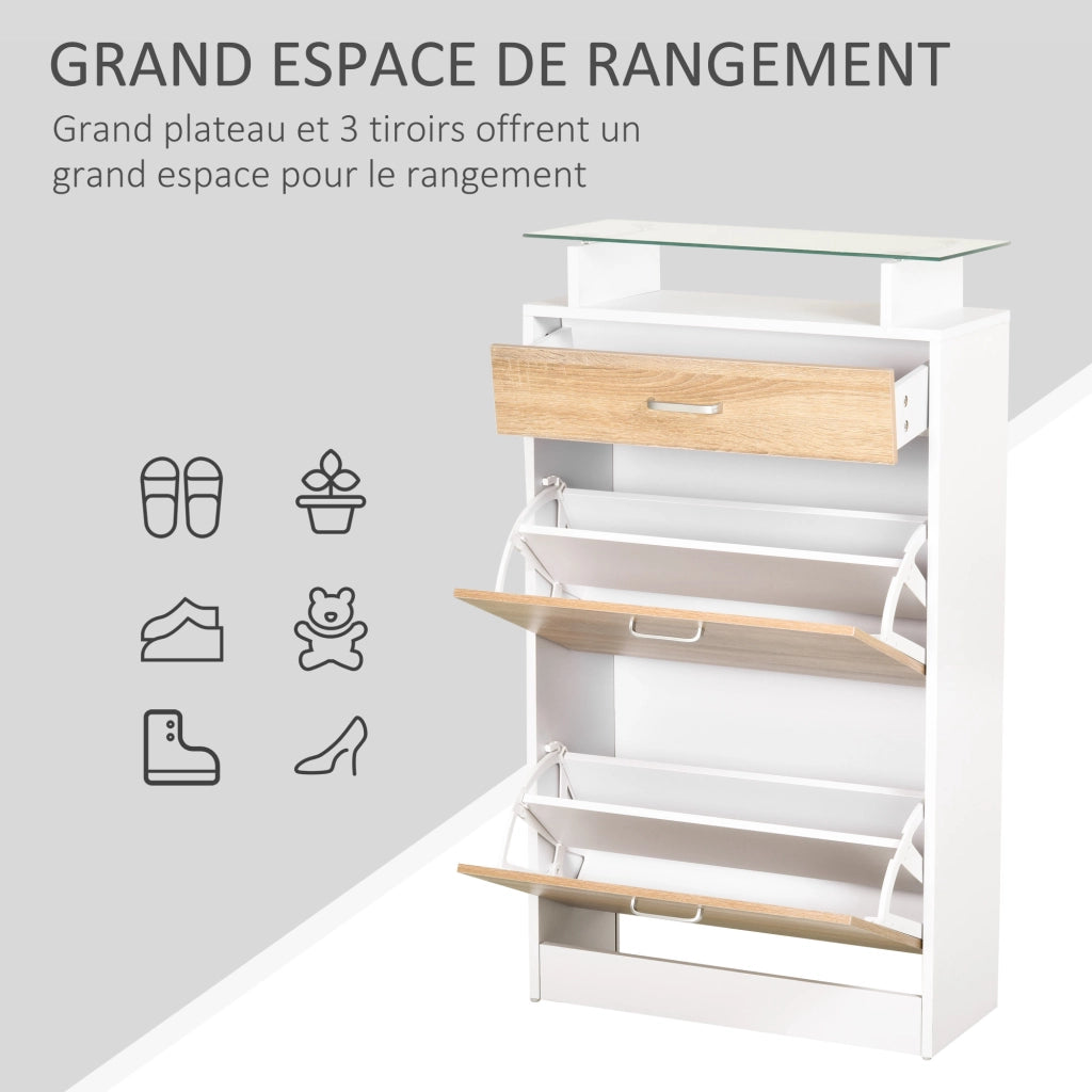 Armadio per Scarpe con 2 Ante Battenti, Cassetto e Piano in Vetro ¨C Minimal ¨C Legno Rovere Bianco 60x35x100