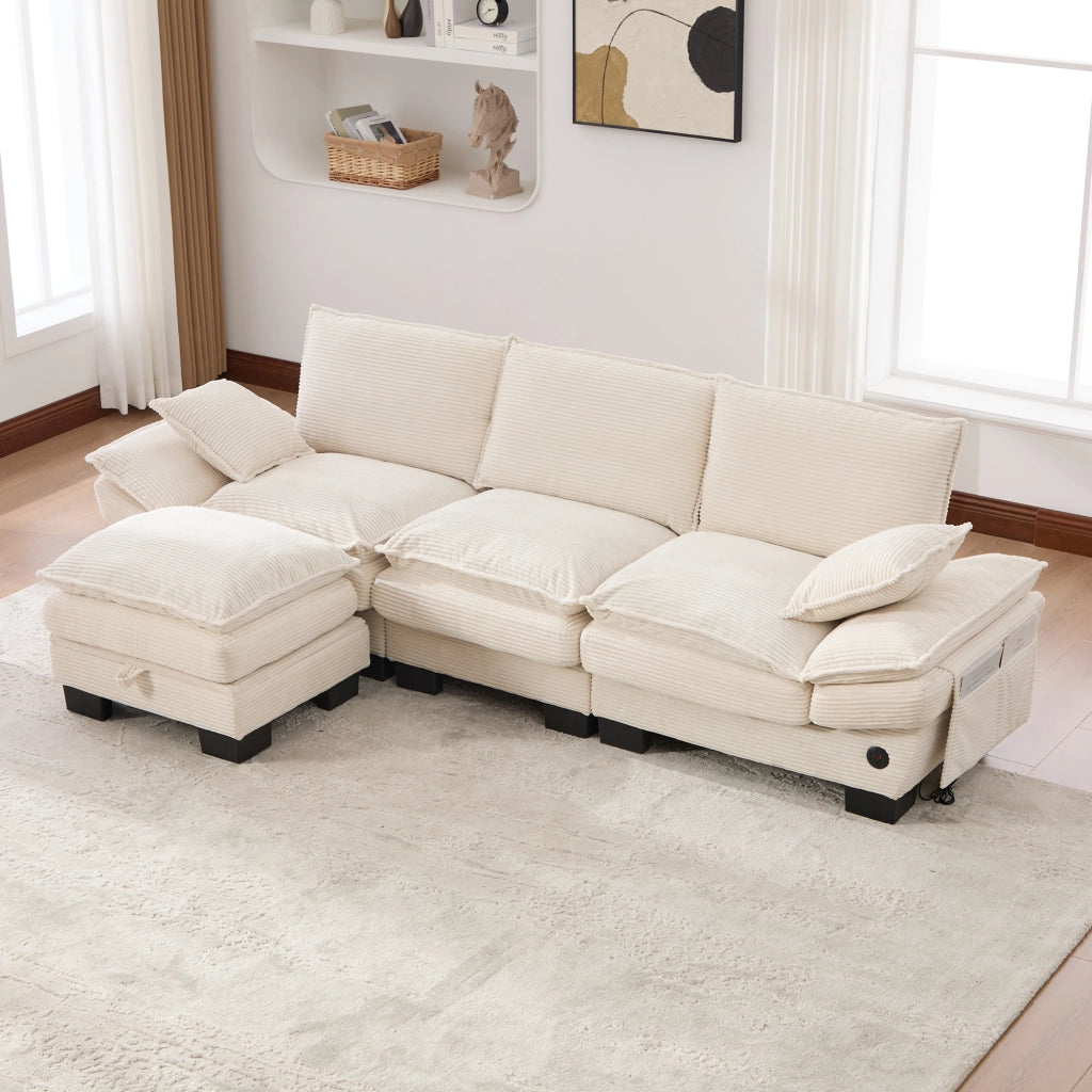Divano modulare a 3 posti in corduroy con 1 pouf, USB-C, tasche laterali, beige