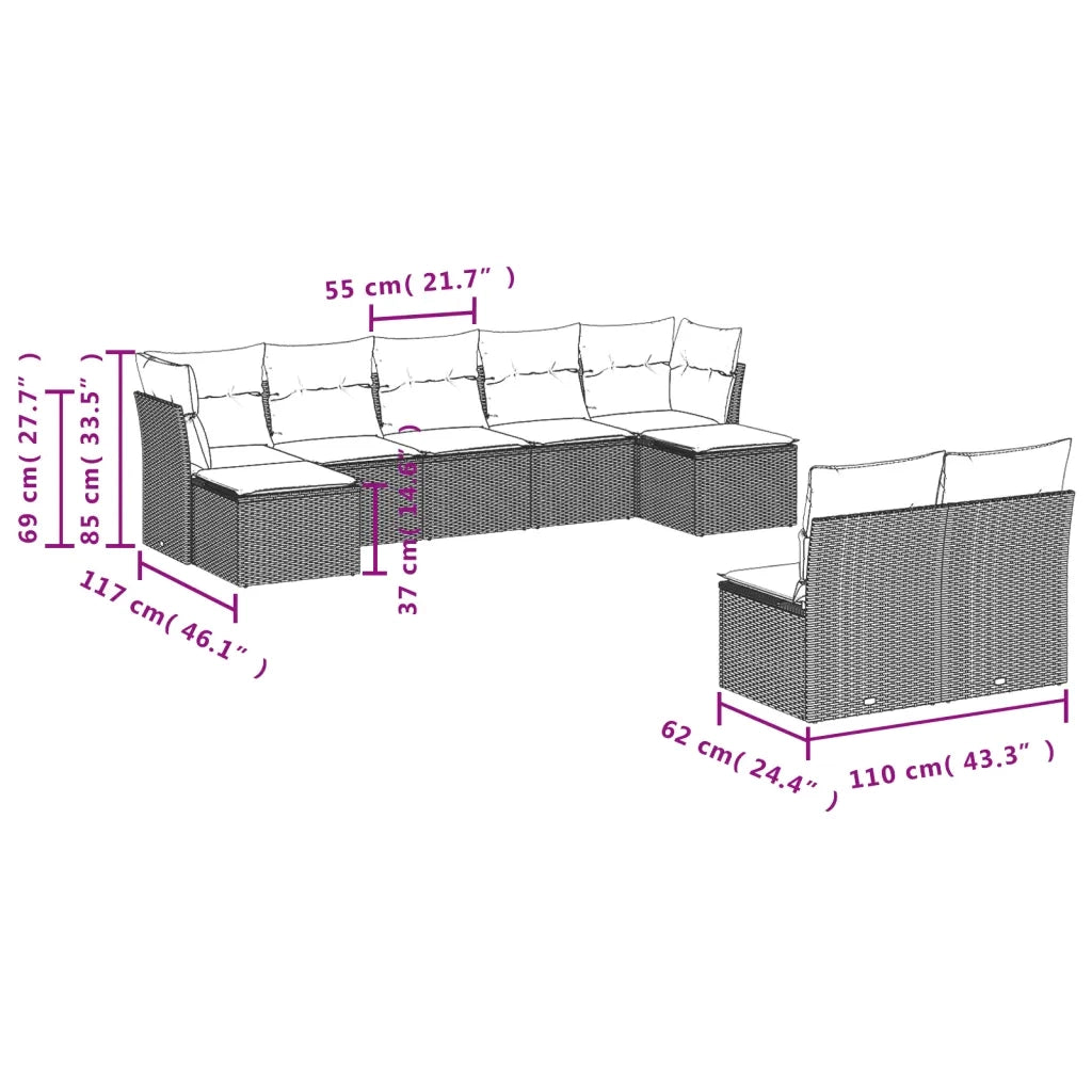 Set Divano da Giardino 9 pz con Cuscini Grigio in Polyrattan 3250109