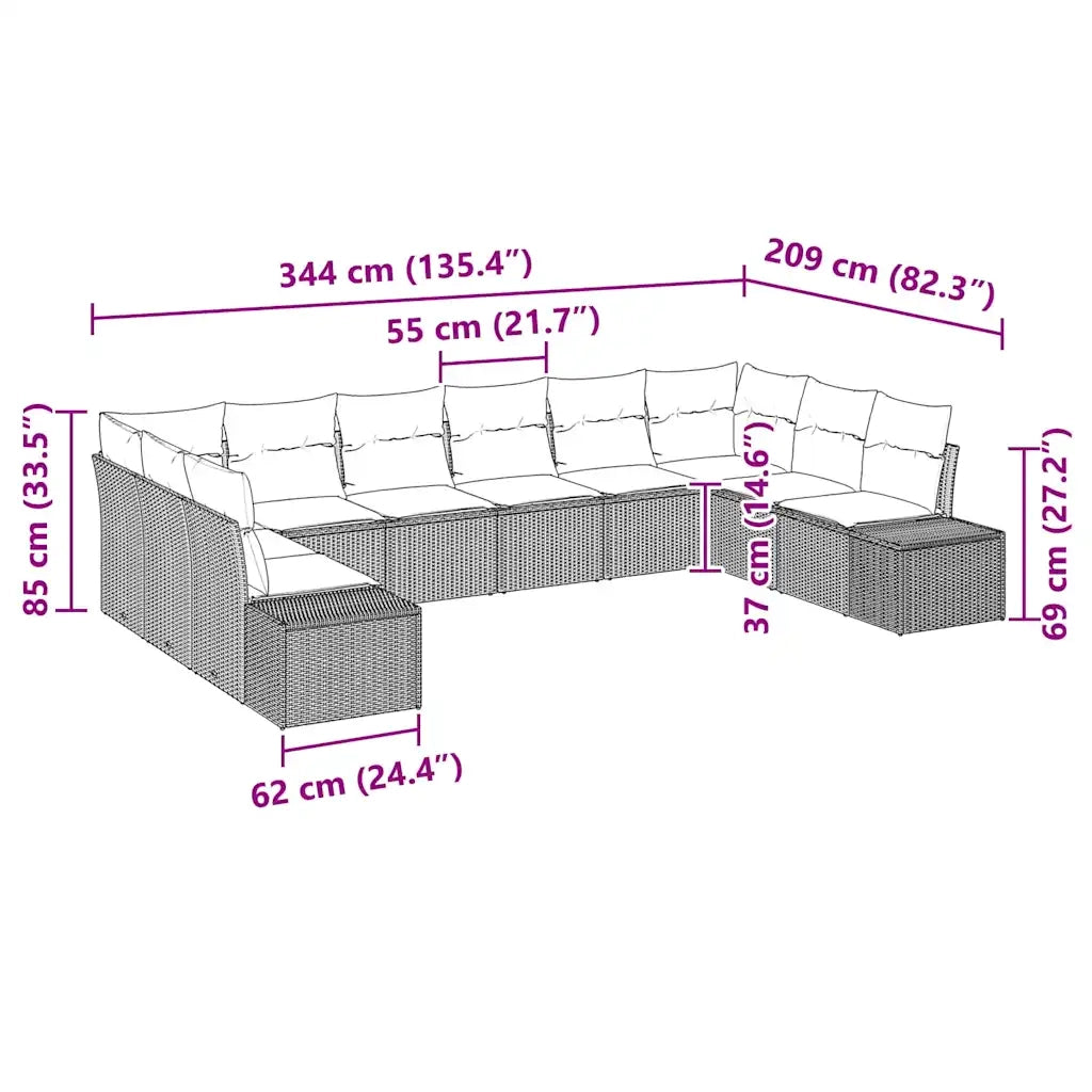 Set Divano da Giardino con cuscino 10 pcs Marrone polyrattan 3347238