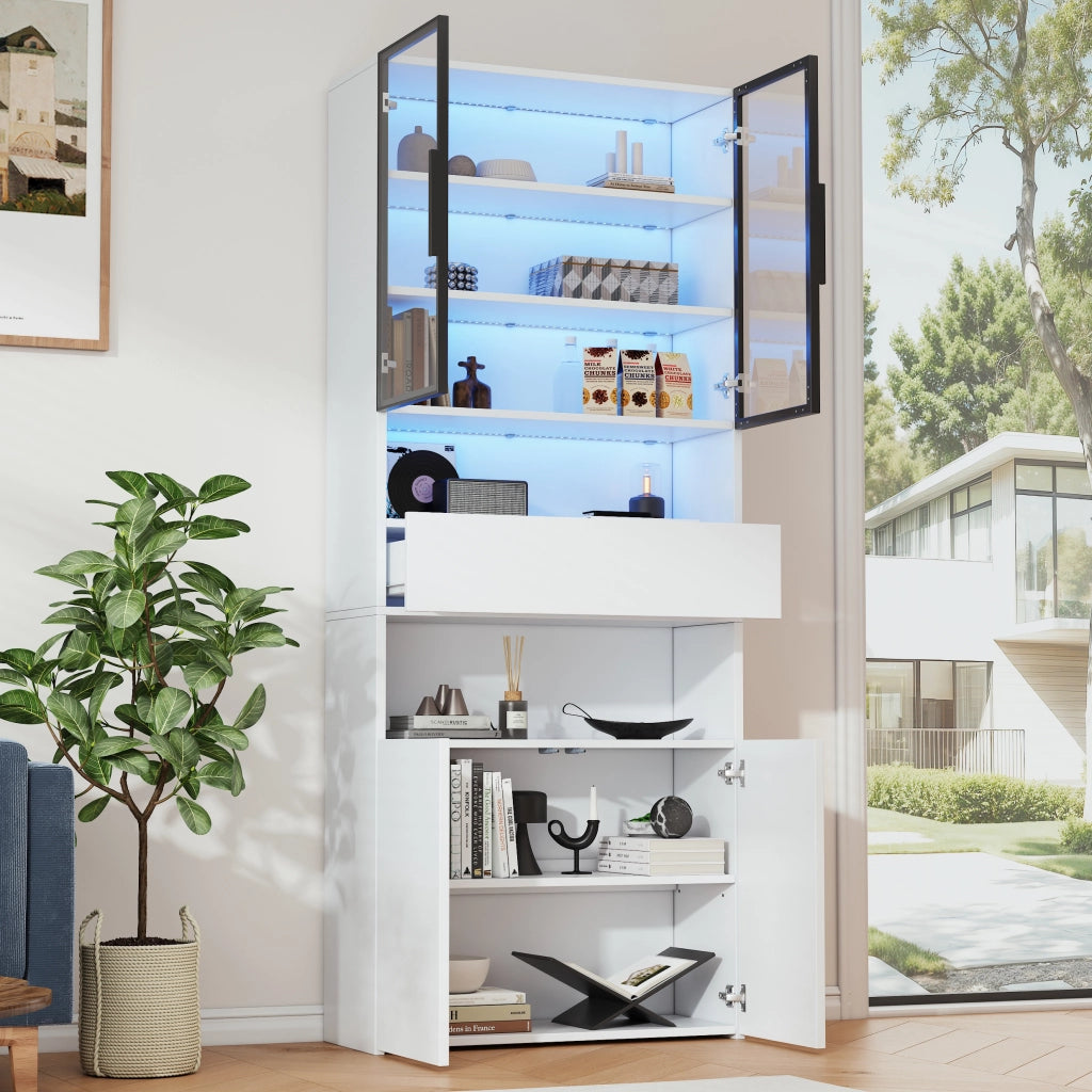 Vetrina alta con LED, 70 x 30 x 200 cm, bianca