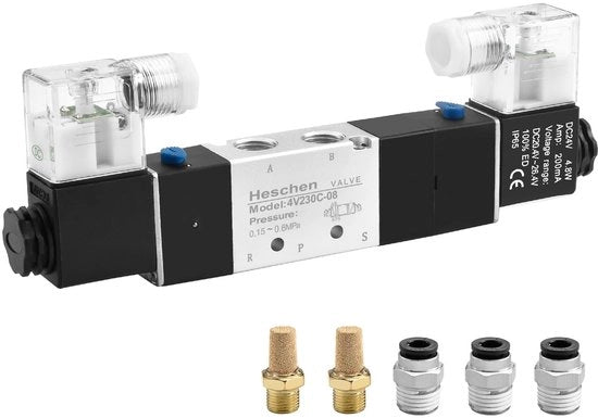 Vitalelettrico - Valvola Magnetica Elettrica - Valvola Pneumatica - Doppio Bobina - 24VDC - Conformità CE - 5 Modo - Adatto per l'Industria