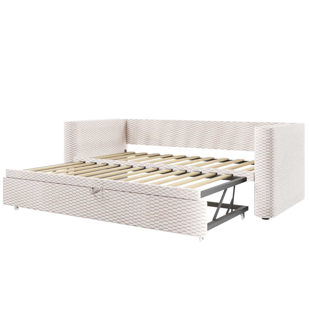 Letto multifunzione estraibile in velluto beige con LED e rete a doghe