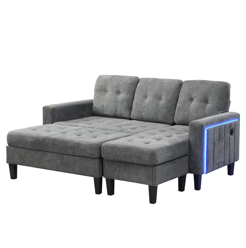 Divano letto angolare 185x135x85 cm; modulare con pouf mobile; LED e USB in chenille grigio antico